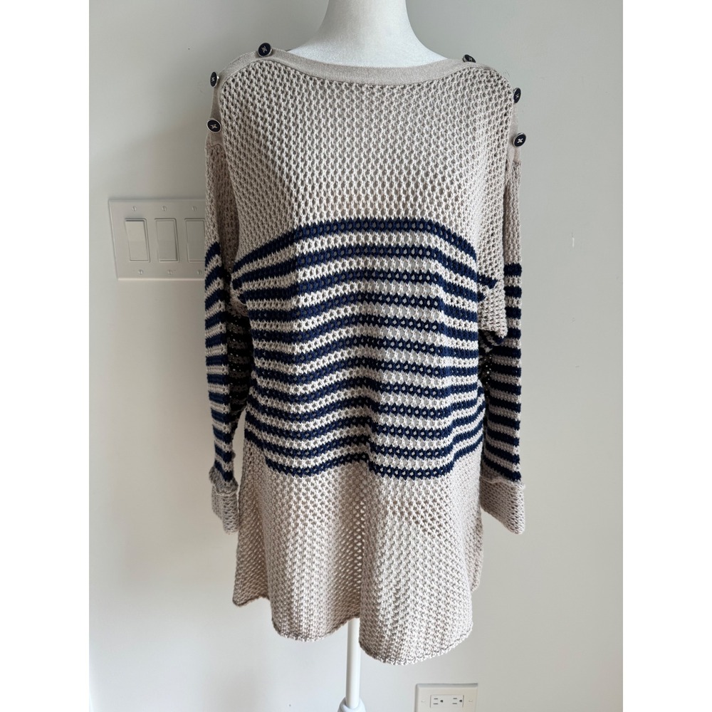 Parkhurst Womens L Cotton Open Knit Striped Sweater Tunic Beige Navy Button